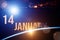 January 14th. Day 14 of month, Calendar date. The spaceship near earth globe planet with sunrise and calendar day. Elements of