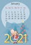 January 2021. Calendar. Funny calf on the background of Christmas tree, large numbers. Year of Ox.