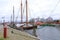 January 28 2023 - Greifswald, Germany: The harbor with wooden sailboats in historic city of Greifswald