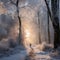 In January lone traveler navigates through a snowy forest, bathed in the soft light of the winter