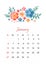 January. Vector calendar template for 2019 year with beautiful composition of embroidery flowers.