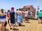 Japadog Street food, People queue wait on Santa Monica wooden pier, traditional shop for hotdogs