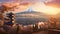 Japan Beautiful view of Mountain Fuji and Chureito Pagoda at sunrise