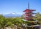Japan Chureito red pagoda and Mountain fuji in summer