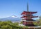 Japan Chureito red pagoda and Mountain fuji in summer