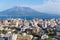 Japan city skyline with Sakurajima Volcano