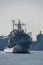 Japan Coast Guard ship Mizuho performing a lifeboat drill at Nagoya port in Ise Bay, Japan