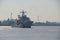 Japan Coast Guard ship Mizuho performing a lifeboat drill at Nagoya port in Ise Bay, Japan