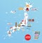 Japan famous landmarks travel map with tokyo tower, fuji mountain, shrine, castle, great buddha, temple, ferris wheel, sakura