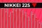 Japan financial market index Nikkei 225 ticker N225 on red finance background from numbers, graphs, lines. Trend Down, Flat. 3D