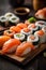 japan fish food rice meal roll japanese set seafood sushi. Generative AI.