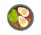 Japan food. Miso soup. Soap with egg, spring onions, wakame. Asian green bowl. Colorful Flat vector top view