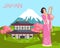 Japan Landscape Woman in Pink Kimono Dress Vector