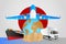 Japan logistics concept illustration. National flag of Japan from the back of globe, airplane, truck and cargo container ship