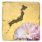 Japan map on old and damaged paper with japanese cherry flowers. Vintage style.