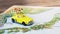 Japan map with a yellow beetle toy car with a white umbrella
