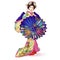 Japan National doll Hina Ningyo in a blue kimono with an umbrella. Umbrella and kimono decorated with a pattern with chrysanthemum