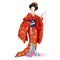 Japan National doll Hina Ningyo in a red kimono with pattern of gold lilies . A character in a cartoon style. Vector illustration