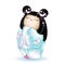 Japan National kokeshi doll in blue kimono with a pattern of pink clouds and butterflies. Vector illustration on white background.