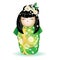 Japan National kokeshi doll in a green kimono with a pattern of white flowers and dragonflies. Vector illustration on white backgr