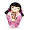 Japan National kokeshi doll in in a pink kimono with a pattern of brown cat paws. In her hands she holds a small kitten. Vector il