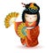 Japan National kokeshi doll in red kimono with fans. Vector illustration on white background. A character in a cartoon style. Isol