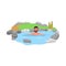 Japan onsen, young man relaxing in hot spring bath