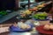 Japan restaurant food conveyor or belt buffet. belt sushi in japan restaurant with blurred background