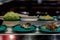 Japan restaurant food conveyor or belt buffet. belt sushi in japan restaurant with blurred background