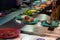 Japan restaurant food conveyor or belt buffet. belt sushi in japan restaurant with blurred background