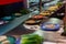 Japan restaurant food conveyor or belt buffet. belt sushi in japan restaurant with blurred background