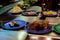 Japan restaurant food conveyor or belt buffet. belt sushi in japan restaurant with blurred background