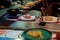 Japan restaurant food conveyor or belt buffet. belt sushi in japan restaurant with blurred background