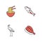 Japan RGB color icons set. Ramen in bowl with chopsticks. Koi carp fish. Crane bird. Sushi dish. Chinese dish