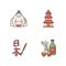 Japan RGB color icons set. Sumo fighter. Shintoism temple. Pagoda style shrine. Sake, alcohol drink. Traditional
