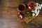 Japan\'s tea cups with green tea and sakura flowers