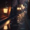 Japan, sakura and lanterns on medieval narrow street in town. Rainy night in Spring. Imaginary location, AI generative