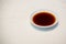 Japan soy sauce, Soyu in white bowl. Color of food, fill up tasty concept.sauce for japanese food,