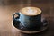 Japan style crocery Coffee cup with perfect latte art on foam side view