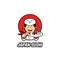 Japan sushi logo with japanese chef mascot character wear traditional white chef clothes bring sush on plate and chopstick