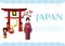 Japan symbols for travellers web vector template. Set of Japanese-themed design elements including geisha, Shinto gate