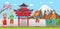 Japan tourism and travel concept vector illustration. Different happy tourists coming in Japan near landmarks and