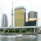 Japan tower, building, river sightseeing boat with sky