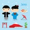 Japan Tradition Food Place Travel Asia Mascot Boy and Girl Cartoon Element Vector