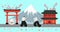 Japan traditional elements, samurai vector illustration. Asian country landscape, pagoda design sakura and high snowy