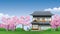 Japan traditional house at cherry blossom season