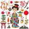 Japan traditional national icons doodle cartoon vector set