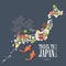 Japan travel poster with map on dark background - travel to Japan.