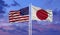 Japan and United States flag waving in the wind against white cloudy blue sky together. Diplomacy concept, international relations