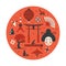 Japan, vector flat illustration, icon set, landmark background. Bonsai, flower, stone, fun, woman face, lantern, food, flag,